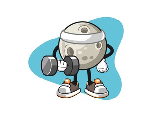 Moon fitness hold dumbbell cartoon. Mascot Character vector.