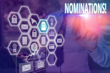 Writing note showing Nominations. Business concept for action of nominating or state being nominated for prize Picture photo network scheme with modern smart device