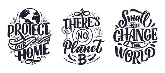 Set with Eco bag prints for cloth design. Retail advertising. Lettering quotes for environment concept. Organic design template. Typography illustration.