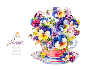 Pansies. Violets. Bouquet of flowers. Botanical watercolor illustration. Cup with flowers.