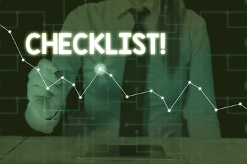 Conceptual hand writing showing Checklist. Concept meaning list items required things be done or...