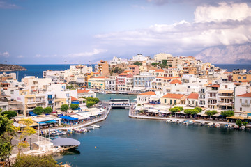 Fototapeta na wymiar Aerial view to Agios Nikolaos, town on Crete island in Greece.
