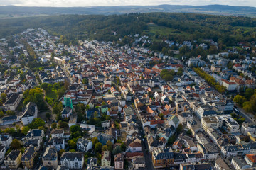 An aerial panorama of Bad Nauheim (Germany) with autumn trees