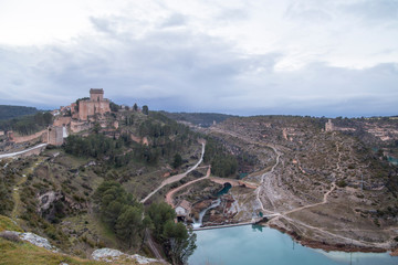 Panoramic view of the town of Alarcón with the Castle of Altas Torres and the Reservoir of Alarcón (Cuenca) Spain