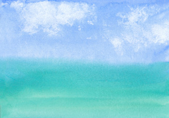 watercolor background with the image of sky with clouds and sea