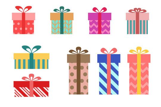 Set of vector gift boxes packed in colorful wrapping paper with a bow