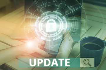 Obraz premium Word writing text Update. Business photo showcasing make something more modern or up to date like software programs Picture photo system network scheme modern technology smart device