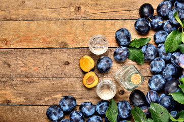 Still-life of fresh garden plums and shots of Slivovice, typical Eastern Europe alcohol plum brandy and bottle. View from above. Vertical photo.
