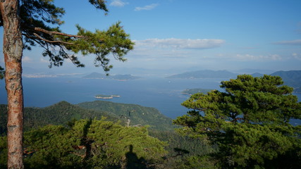 Fototapeta na wymiar Panoramic view from the top of mountain Misen on Miyajima island in Japan.