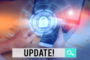 Handwriting text writing Update. Conceptual photo make something more modern or up to date like software programs Picture photo system network scheme modern technology smart device