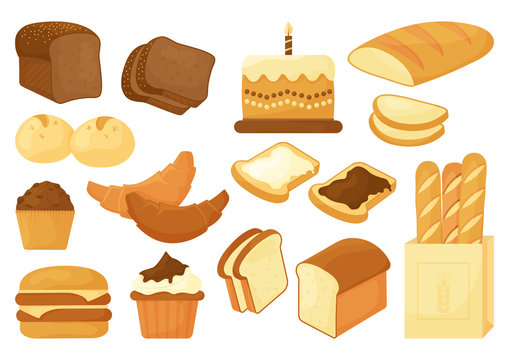 Bakery set, different bread product. Vector illustration