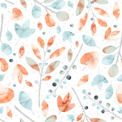 Seamless watercolor abstract creative floral pattern with leaves, wild berries and snowflakes on a white background. For textiles, wrappers, wallpapers, backgrounds and other decor