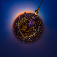 Dusk and Moon over little planet Warsaw, city center aerial view