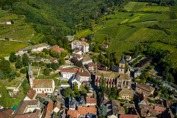 An aerial panorama of Ribeauvill&eacute; (France) with vineyards