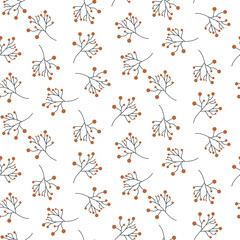Simple fall seamless pattern with plants and branches. Vector autumn berries white background.