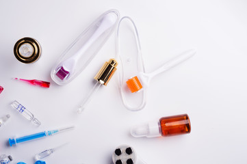  anti-age mesotherapy set for home and salon  skin care procedure around white background. beauty concept. flat lay