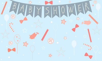 Baby Shower Celebration Card Design with birds, festive balloons, candy, bows, buttons, etc. Baby Shower Collection