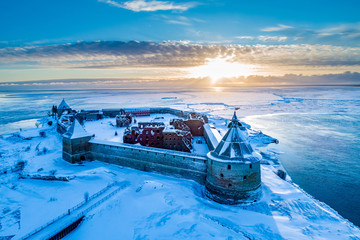 Saint Petersburg. Russia. Krondstadt. Fortress oreshek in the winter. Shlisselburg fortress aerial view. Excursions to winter Krondstadt. Stone fort on the island. Origins of the Neva River. Sights