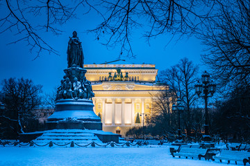 Saint Petersburg. Russia. Catherine Garden on a winter night. Ostrovsky Square in St. Petersburg....