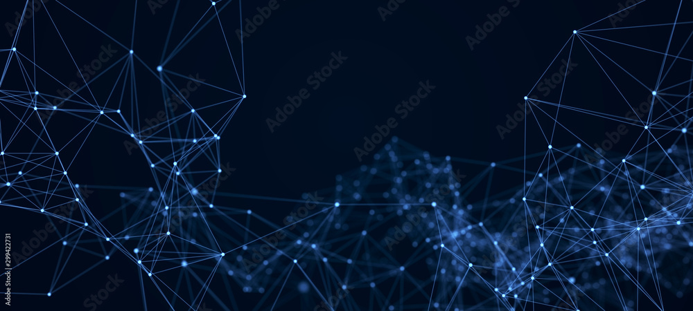 Poster Futuristic abstract mesh. Wave with the connection of dots and lines. 3D rendering.