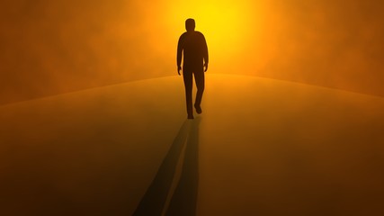 Silhouette of man walking in fog, after life plane. Glowing orange sunset , sunrise . 3d render