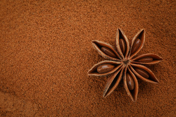 Fototapeta na wymiar Cinnamon powder and anise star background, space for text