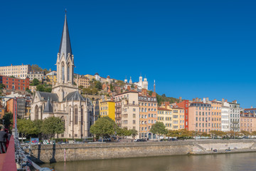 Fototapeta na wymiar Lyon, France - 10 26 2019: View of Old Lyon from Saint-Georges Footbridge