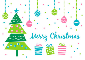 Merry Christmas greeting card with cute decorated christmas tree, various gift presents and hanging christmas balls in blue, green and pink. Retro vintage style EPS10 vector