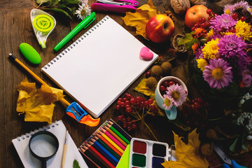 office and school stationery and notebook on a background of autumn leaves and chrysanthemums.