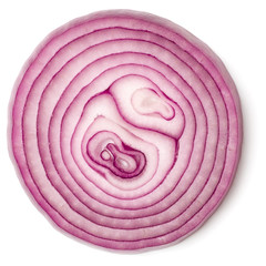 Slice of red Onion isolated over white background. Top view, flat lay..