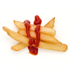 French Fried Potatoes with ketchup isolated over white background.