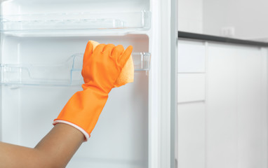 Hand with glove cleaning the refrigerator.
