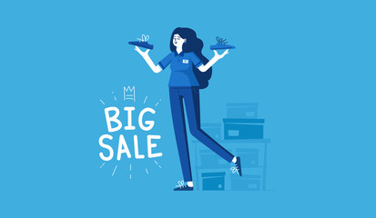 White female seller sells shoes. The inscription - big sale. Vector flat modern illustration.