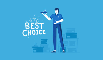 White male seller sells shoes. The inscription - the best choice. Vector flat modern illustration.