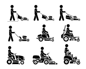 Set of icons which represent people using various types of lawn mowers. Mowed grass isolated on white background. Vector illustration of gardening grass-cutter.