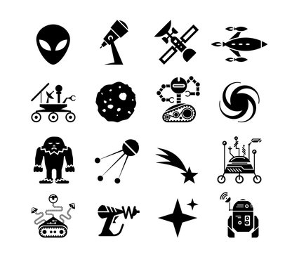 Set of space icons. Illustration of various space elements. Pictograms of space, rocket, satellite, robot, space vehicle, ufo, aliens.