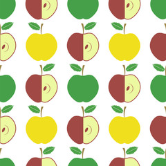 Cute Fresh Red and Yellow Green Apple Seamless Pattern on White Background. Fruit Repeating Texture.