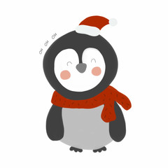 Penguin Santa Claus cartoon watercolor painting illustration