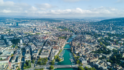 Aerial drone view of Zurich city and lake, during summer time, in Switzerland