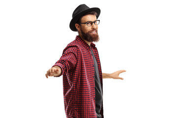 Hipster moving with arms