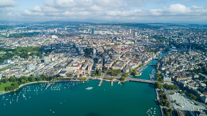 Beautiful aerial drone view of Zurich city and lake, during summer time, in Switzerland