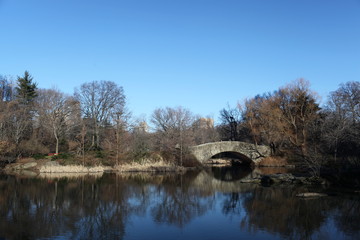 Fototapeta na wymiar Reflection in the Pond in NYC Central Park with Gapstow Bridge in Fall