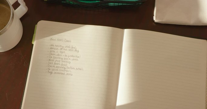 Woman Writing New Year's Resolution in Journal on Wooden Table