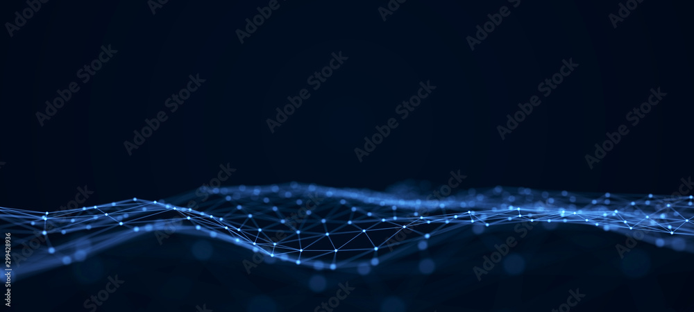 Fototapete Futuristic abstract mesh. Wave with the connection of dots and lines. 3D rendering.