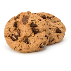 Two Chocolate chip cookies isolated on white background. Sweet biscuits. Homemade pastry.