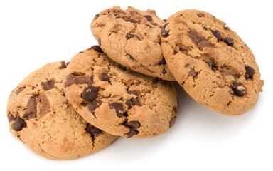 Chocolate chip cookies isolated on white background. Sweet biscuits. Homemade pastry.