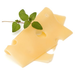 Cheese slice with oregano isolated on white background