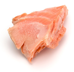 smoked salmon segments isolated on white background cutout. Prepared fish fillet fibres.