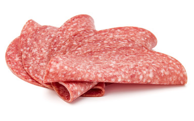 Salami smoked sausage slices isolated on white background