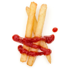 French Fried Potatoes with ketchup isolated on white background